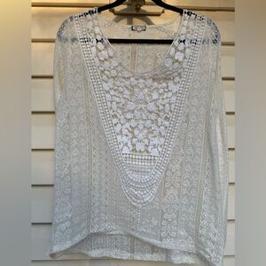 Eyeshadow Cream, Embroidered Long Sleeved Tunic Blouse, Wide Oval neck, Large